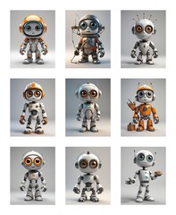 Poster - Nine charming cartoon robots with large eyes and unique designs are showcased against a plain backdrop, some equipped with antennas and tools.
