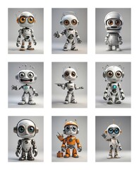 Poster - Nine cartoon robots with big eyes and small bodies are posing in various ways against a plain white background.