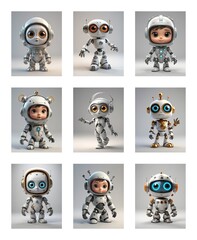 Poster - Nine cartoon robots in white and grey hues, with big eyes, are standing in diverse poses on a neutral backdrop, rendered in a digital, cartoonish style.