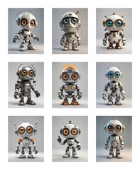 Poster - Nine cute cartoon robots with big eyes stand in various poses against a plain background, showcasing diverse designs and expressions in a grid layout.