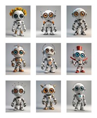 Poster - Nine cute cartoon robots with big eyes and varied antenna, headwear, and body decorations stand against a plain backdrop. Each robot has a unique design and pose.