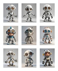 Poster - Nine cute cartoon robots with big eyes and different helmet styles are showcased against a neutral background.