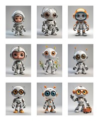 Poster - Nine cute cartoon robots with big eyes are displayed in a grid. Each robot has a unique pose and some wear helmets or hold flowers or a toy car.