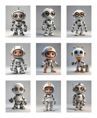 Poster - Nine adorable cartoon robots with white bodies and various designs are displayed against a soft grey background in a grid arrangement.