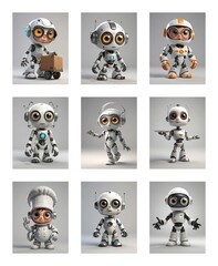 Poster - Nine cute futuristic robots with big eyes are displayed in different poses and scenarios. Some are holding objects and wearing different hats.