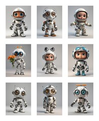 Poster - Nine cute, cartoonish robot figures with varied designs are displayed on a clean white backdrop. Each robot has unique features and poses.
