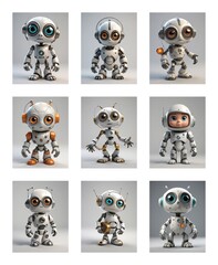 Poster - Nine cute cartoon robots stand on a white background. These diverse, big-eyed robots are white and grey with orange accents and various details.