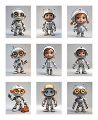 Poster - A collection of nine charming cartoon robots are presented in a grid. Each robot displays unique designs, colors, and poses against a soft background.