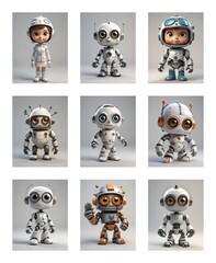 Poster - Nine cartoon robots with different designs are displayed on a gray background. They are cute, playful, and futuristic in appearance.
