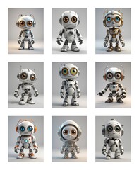 Poster - Nine charming, petite robots with large eyes are arranged in a grid against a plain white backdrop. They are predominantly white and gray, accented with metallic details.