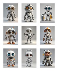 Poster - Nine cute robot variations with big eyes, white and grey bodies, orange accents. Unique poses, accessories, grey background.