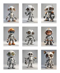 Poster - Nine diverse robot characters showcase unique poses and accessories. Each small, white robot presents a distinct variation, from construction to animal-inspired designs.