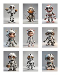 Poster - Nine adorable white robots with oversized eyes are neatly arranged in a grid. A few robots are holding various items like food, a fishing rod, and a cup of coffee.