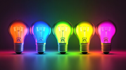 Aufkleber - Colorful glowing light bulbs illuminating reflective surface, displaying vibrant energy and creative potential