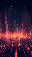 Wall Mural - glowing lines stretch upwards against dark digital background display