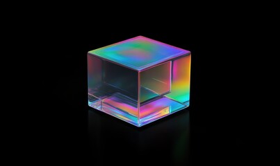 Poster - Iridescent glass cube on black background.