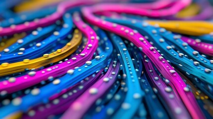 Fototapete - Interwoven Fiber Optic Cables with Water Droplets in Blue Pink and Gold Colors