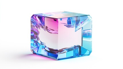 Poster - Iridescent glass cube on white background.