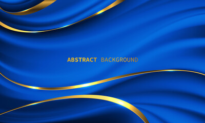 Poster - Abstract gold line ribbon curve overlap on blue fabric wave design modern luxury elegant background vector