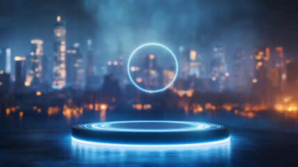 Aufkleber - Empty illuminated stage floating on blurry night cityscape background with glowing circles, perfect for placing products