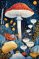 Poster - A whimsical illustration of mushrooms in a colorful, fantastical forest setting.