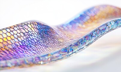 Poster - Iridescent glass sculpture with wave-like form and textured surface.