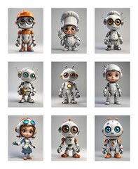 Poster - Nine charming cartoon robots, each with unique styles and outfits, presented on a simple, neutral backdrop.