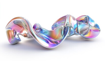 Poster - Iridescent, swirling, abstract 3D render of a metallic, liquid-like form on a white background.