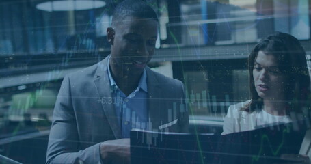 Poster - Image of financial data processing over diverse business people in office