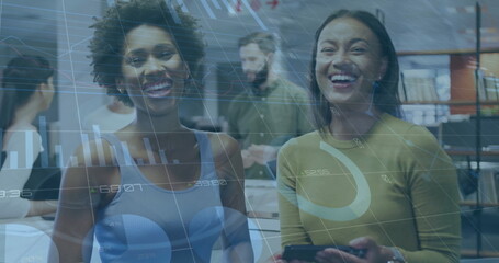Poster - Image of financial data processing over diverse business people in office