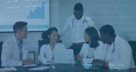 Poster - Image of financial data processing over diverse doctors in meetine