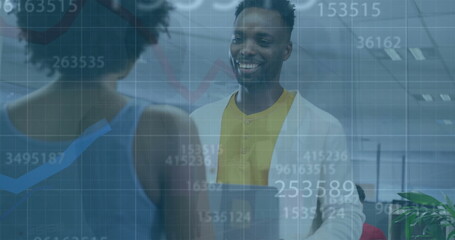 Poster - Image of financial data processing over diverse business people in office