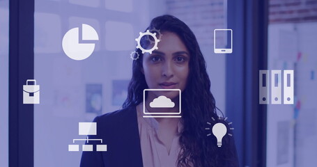 Aufkleber - Image of business icons over biracial businesswoman in office
