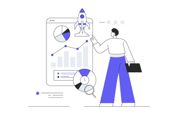 Poster - Startup business concept. Men Character finding ideas and solutions for startup launch and development. Flat Cartoon Vector Illustration, icon. Stylish abstract Flat design for website