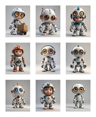 Poster - Nine cartoon robots are showcased in a grid, featuring white, orange, and blue colors. Some hold boxes or wear helmets, creating a playful and futuristic scene.