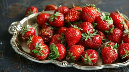 Poster - A silver platter filled with fresh, vibrant strawberries showcasing their natural beauty.