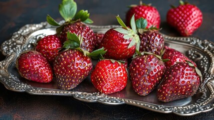 Poster - A silver platter holds fresh, vibrant strawberries, showcasing their natural beauty.