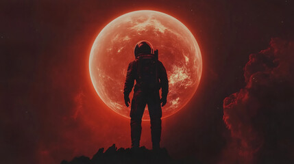Aufkleber - Astronaut is standing on a mountain top looking at a giant red planet in the outer space