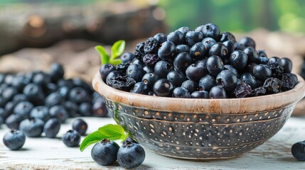 Poster - A bowl filled with fresh blueberries, surrounded by scattered berries and green leaves.