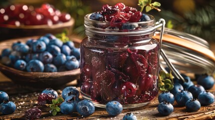 Poster - A jar of berry jam surrounded by fresh blueberries on a rustic wooden table.