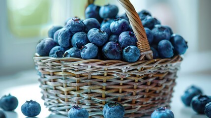Poster - A woven basket overflowing with fresh, ripe blueberries on a table.