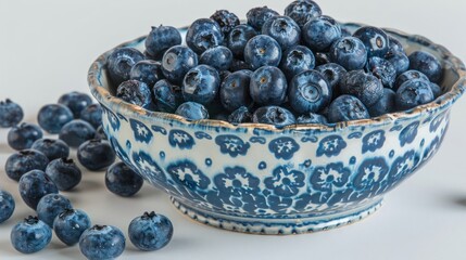 Poster - A bowl filled with fresh blueberries, surrounded by scattered berries on a light surface.