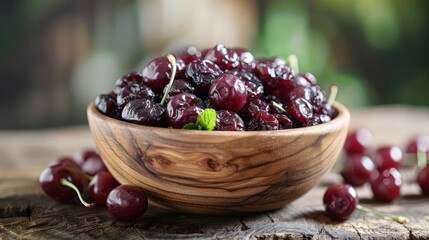 Poster - A wooden bowl filled with dried cherries, surrounded by fresh cherries on a rustic table.