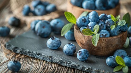 Poster - Fresh blueberries in wooden bowls with mint leaves on a rustic table.