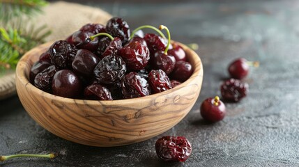 Poster - A wooden bowl filled with dried cherries, surrounded by fresh cherries and greenery.