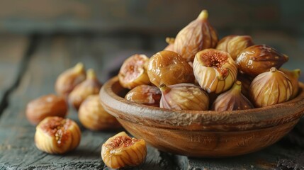 Poster - A wooden bowl filled with fresh figs on a rustic wooden surface.
