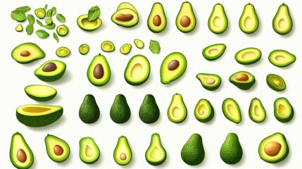 Display of avocado halves, slices, whole fruits, and leaves for culinary use