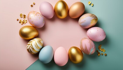 Wall Mural - Flat-lay of modern Easter eggs in pastel colors with trendy gold foil accents, arranged in a neat pattern on a soft, neutral background, creating an elegant and festive vibe.