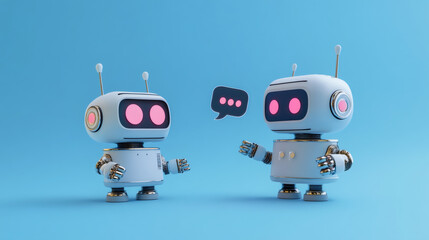 Aufkleber - Two robots having a conversation with speech bubble against a vibrant blue background, showcasing artificial intelligence and communication