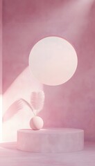 Poster - soft pink scene with platform vase and circular accent